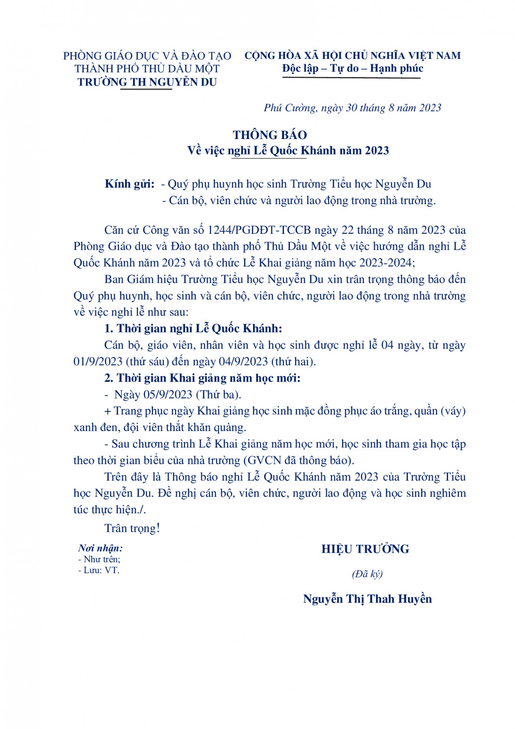 THÔNG BÁO NGHỈ LỄ 2 9