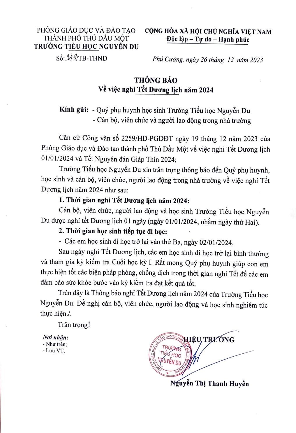 THÔNG BÁO LỊCH KIỂM TRA HỌC KỲ I